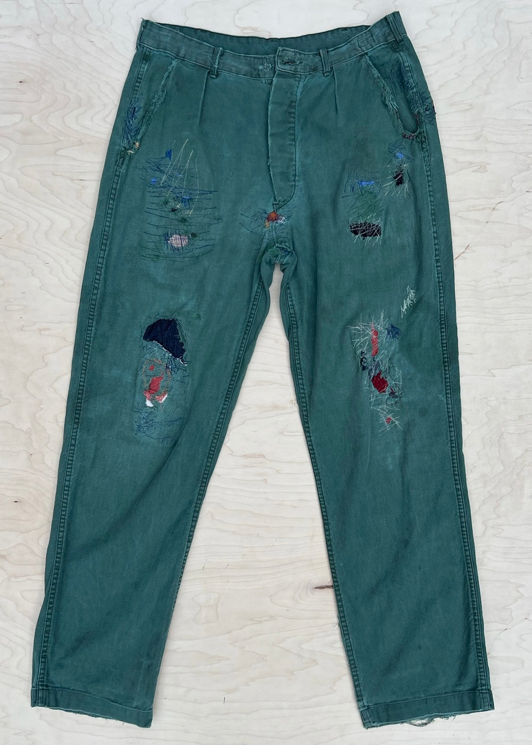 GREEN EMBROIDERED PATCHWORK PANTS