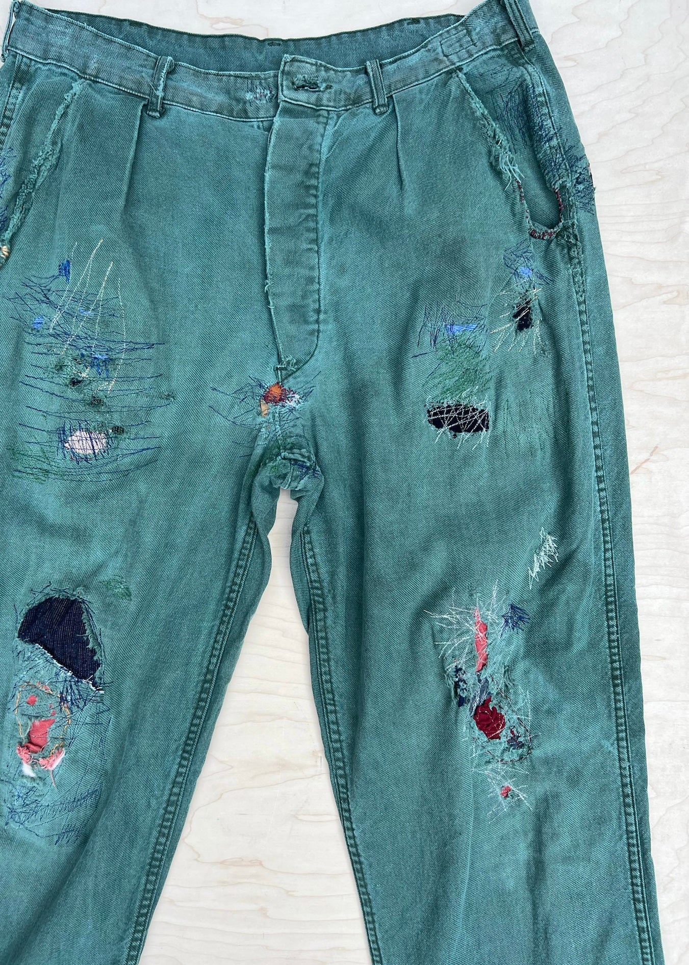 GREEN EMBROIDERED PATCHWORK PANTS
