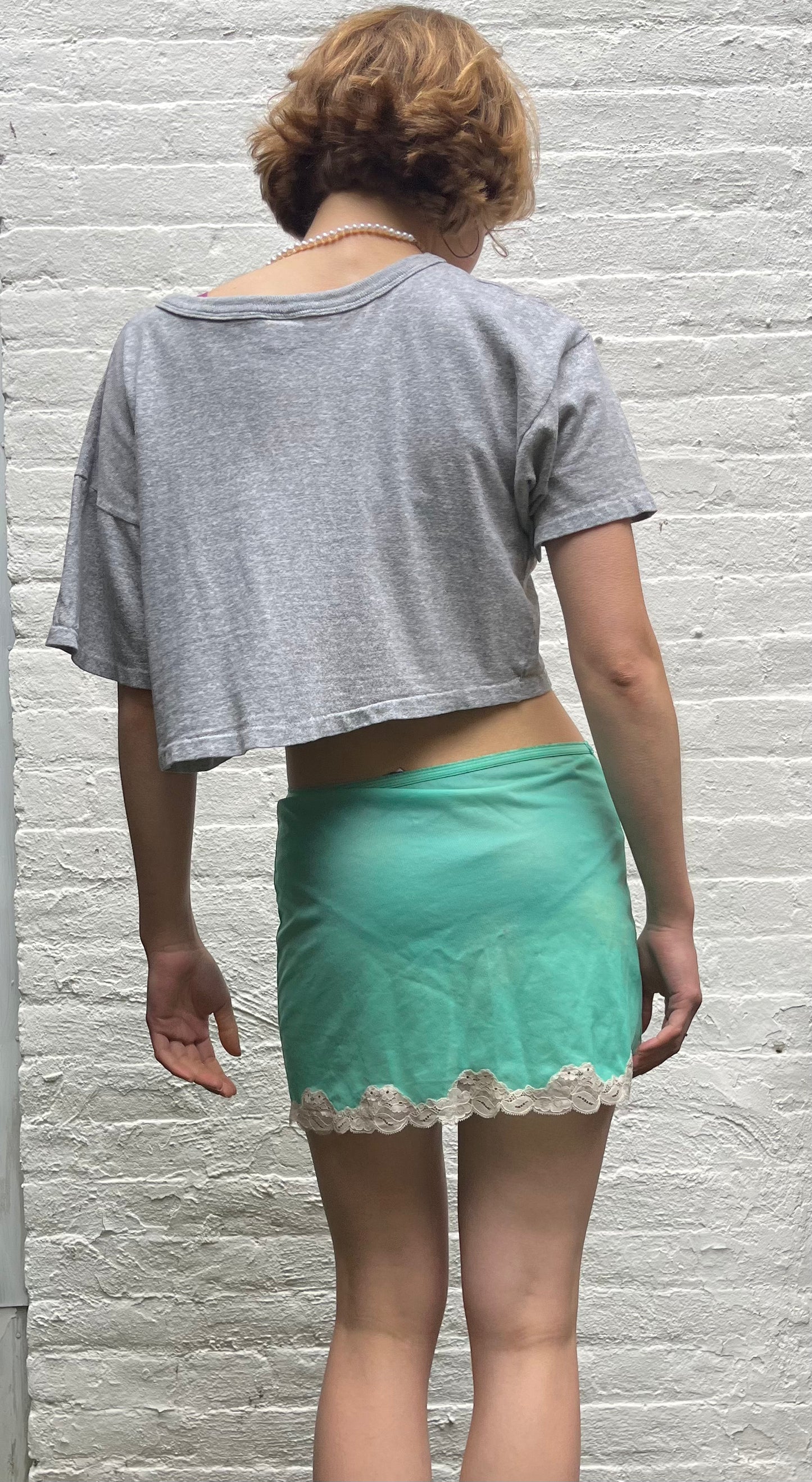 Green Lace Trim Nylon Mini Skirt