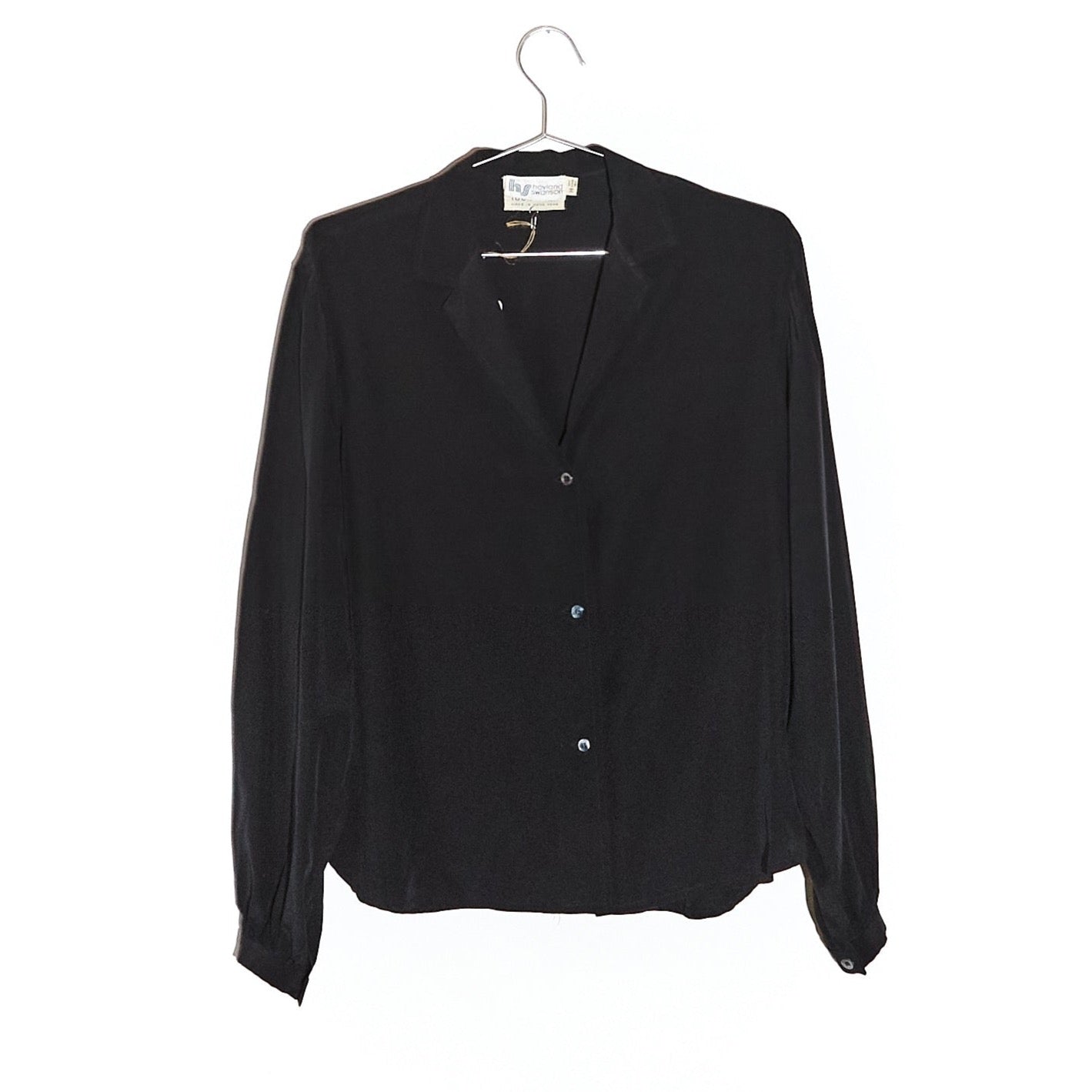 Black Silk V-Neck Button Up Shirt
