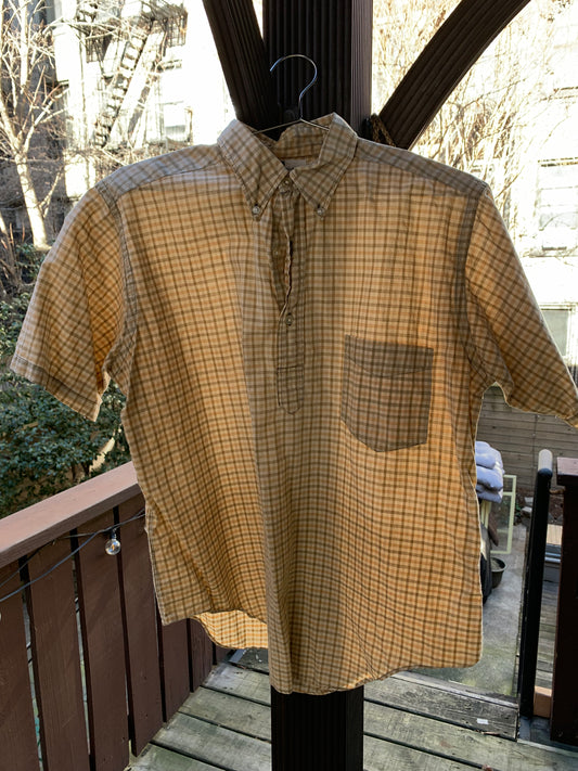 Beige and Green Plaid Button Down Short Sleeved Shirt