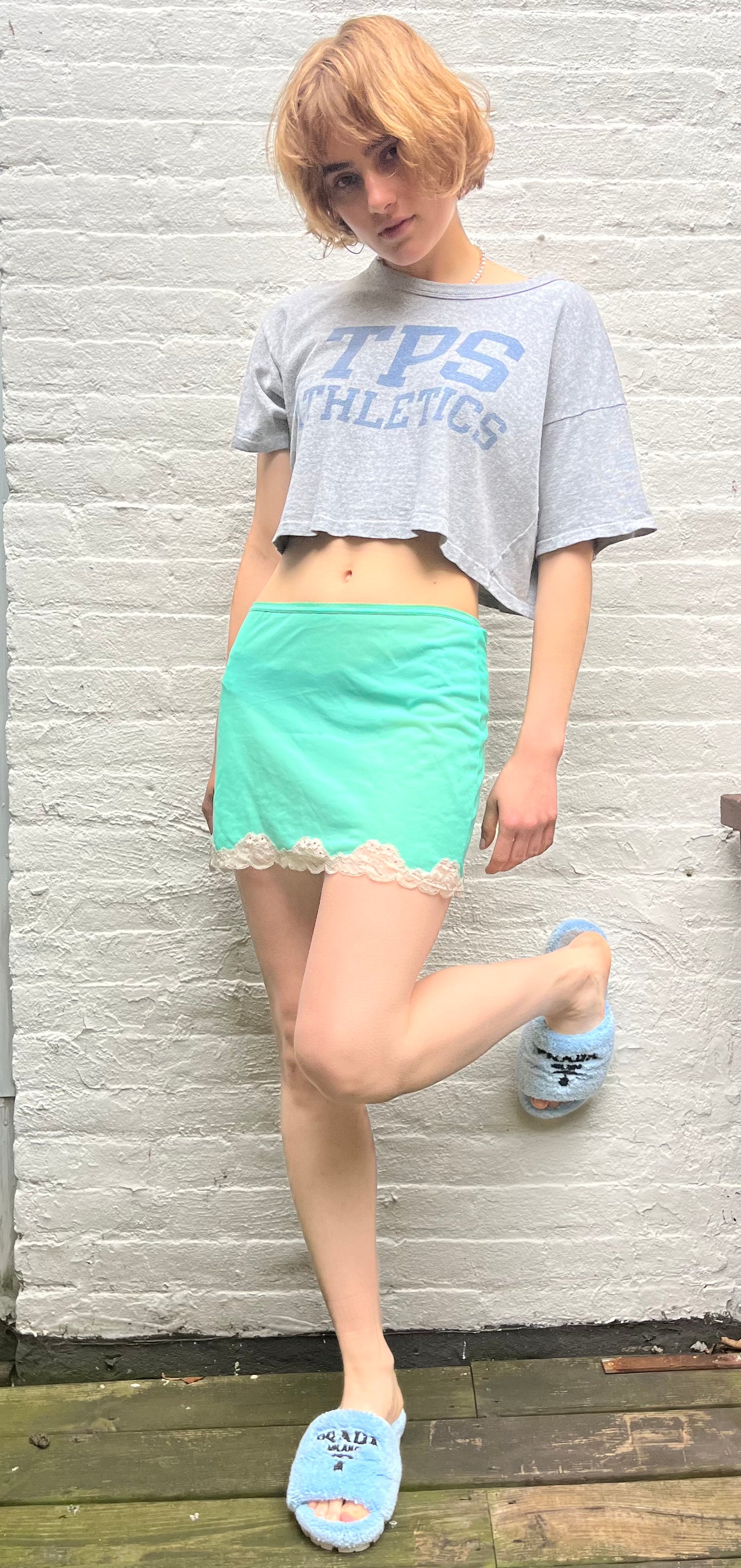 Green Lace Trim Nylon Mini Skirt